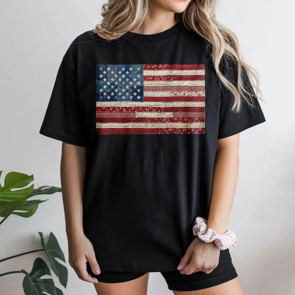 American Flag T-Shirt | Vintage Patchwork Quilt Graphic Sweatshirt | Soft Cotton Blend | Patriotic 4th of July Gift