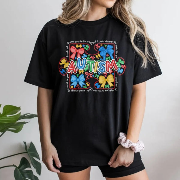 Autism Awareness T-Shirt | Colorful Puzzle Piece Bow Graphic | Soft Cotton Tee | Neurodiversity Advocate Support Gift