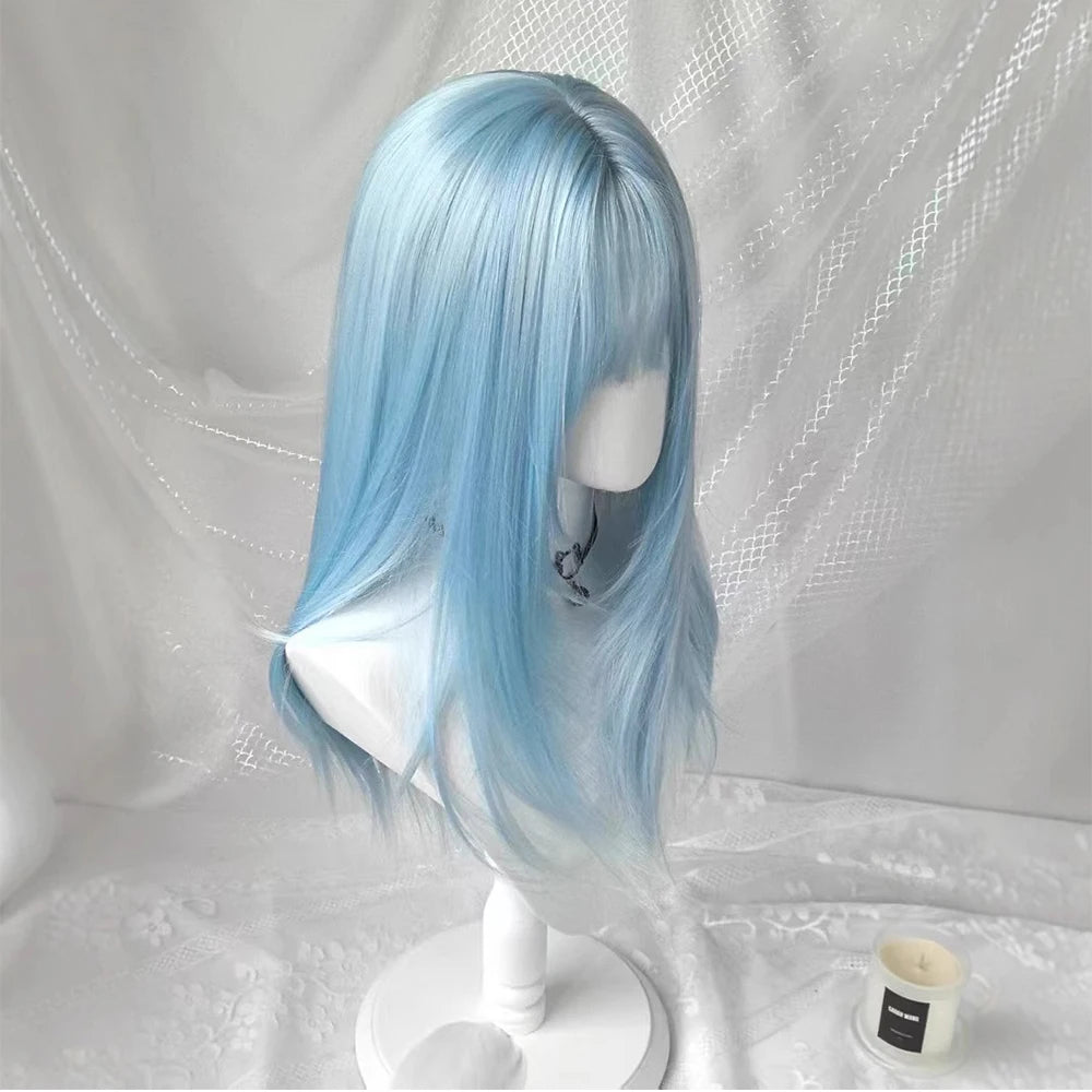 Cosplay Wig with Bangs Middle Long Straight Wig Lolita Nature Synthetic Hair Heat Resistant Fibers Wigs Women's Daily Party Wig