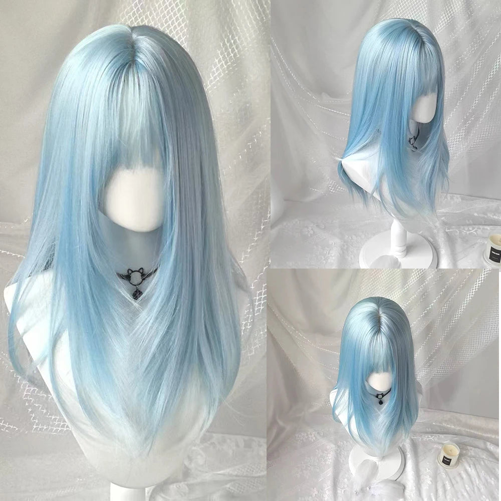 Cosplay Wig with Bangs Middle Long Straight Wig Lolita Nature Synthetic Hair Heat Resistant Fibers Wigs Women's Daily Party Wig