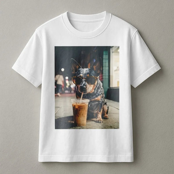 Blue Heeler T-Shirt | Dog with Sunglasses Drinking Iced Coffee | Soft Cotton Blend | Funny Australian Cattle Dog Lover Gift